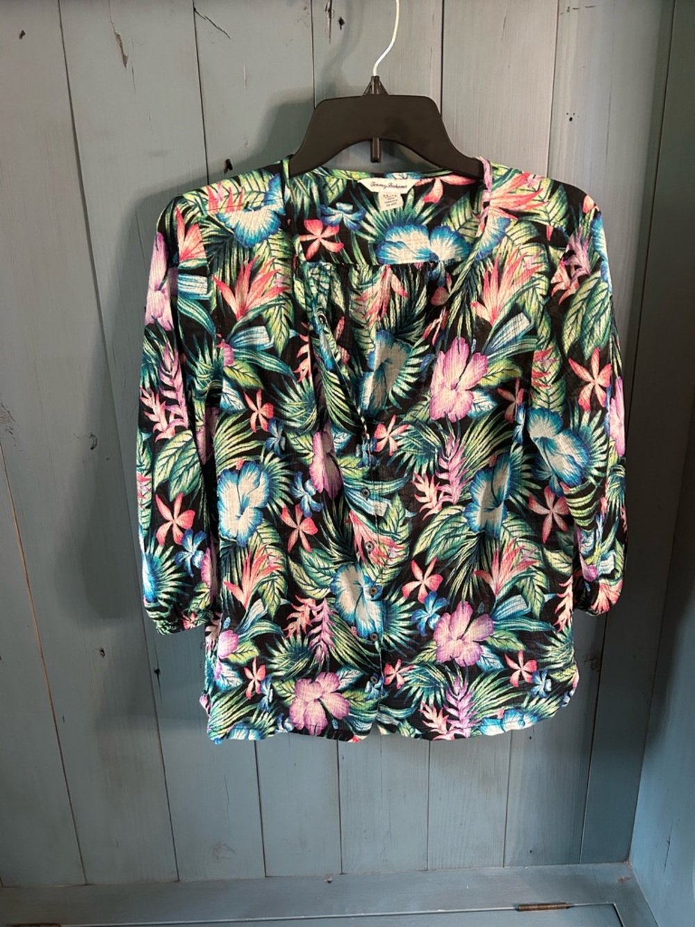 Tommy Bahama Black Tropical Floral Button-Up Blouse with Pink & Blue Flowers, XS